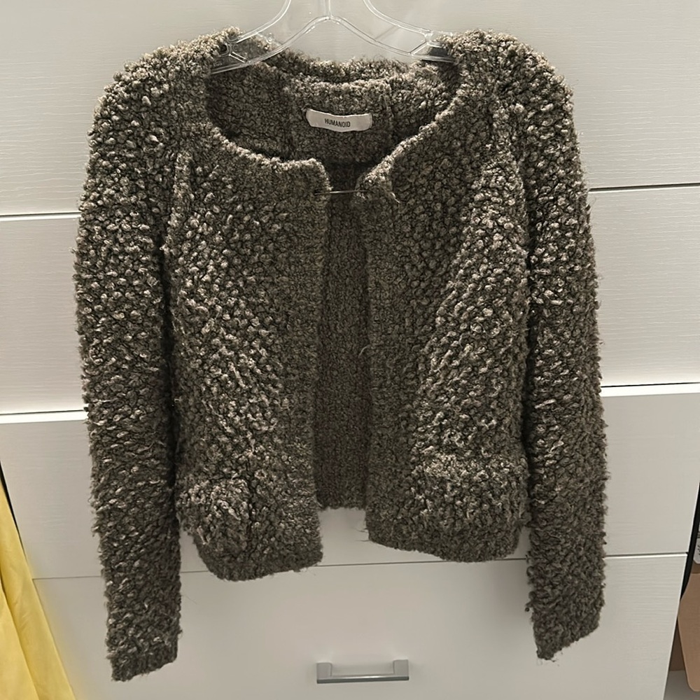 Humanoid boucle open knit cardigan with safety pin closure
